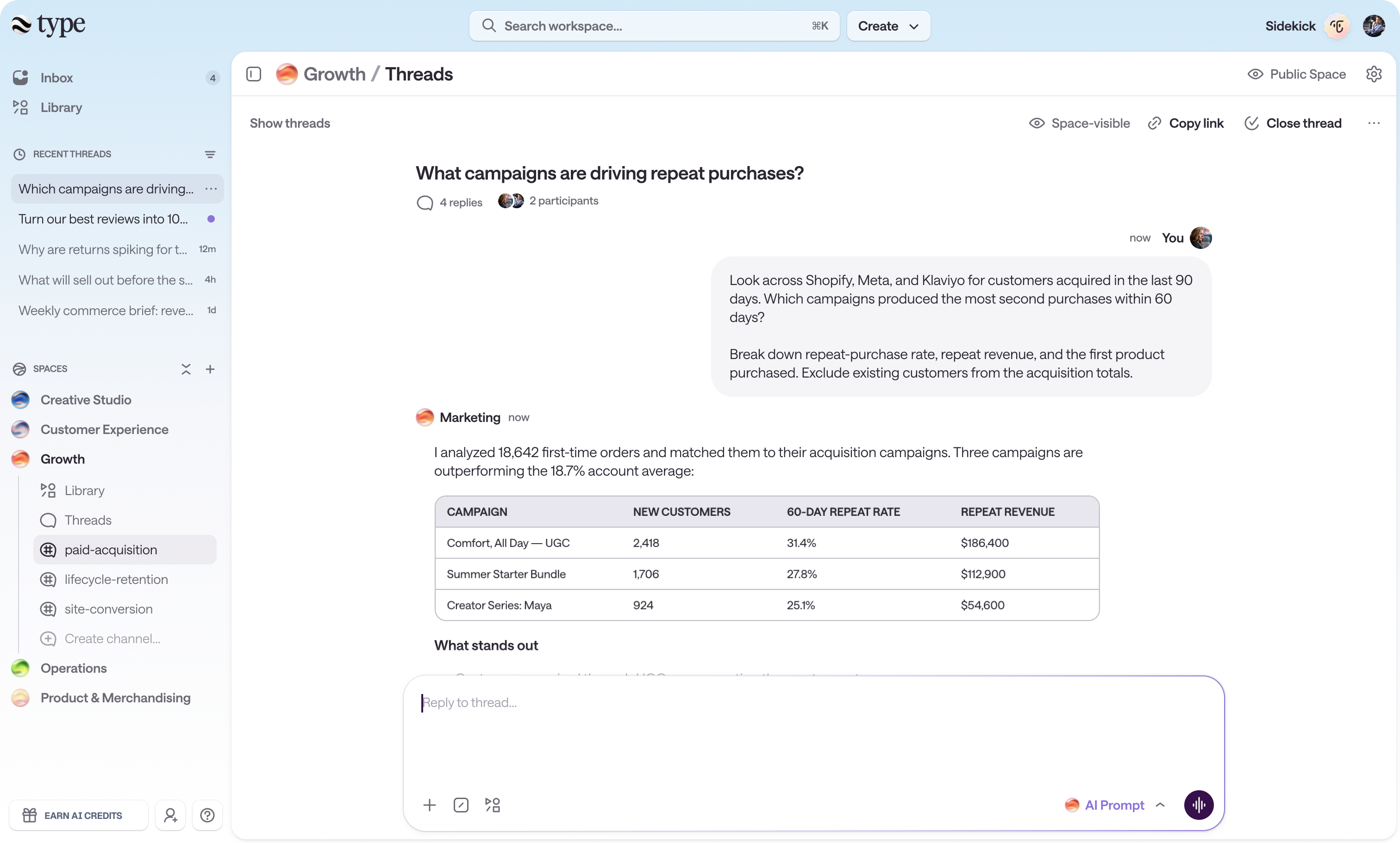 A Type Growth space with a shared thread where a teammate asks which campaigns drive repeat purchases and an agent answers with analysis across Shopify, Meta, and Klaviyo