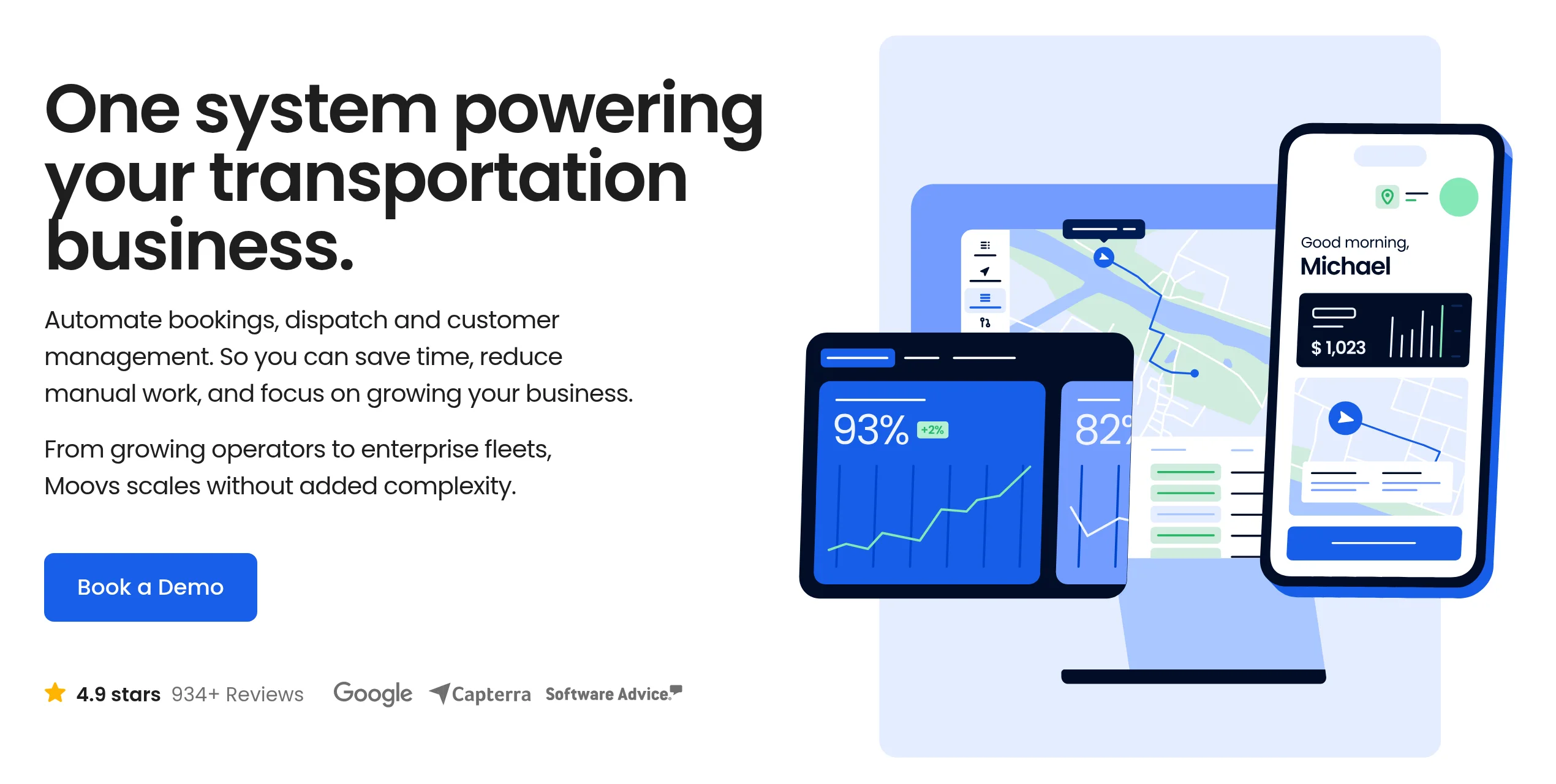 Moovs homepage: one system powering your transportation business