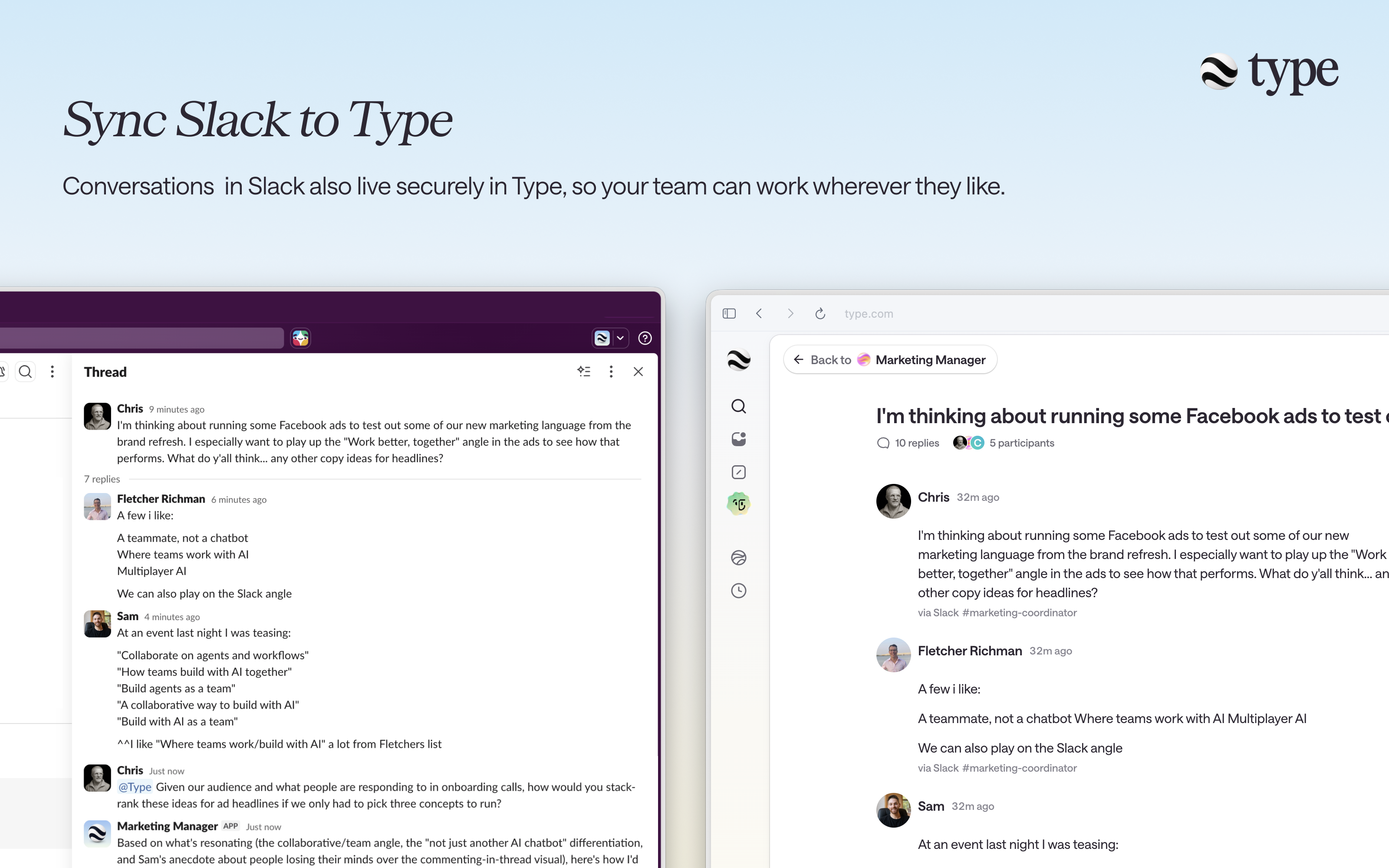 A Slack conversation synced into a type.com space