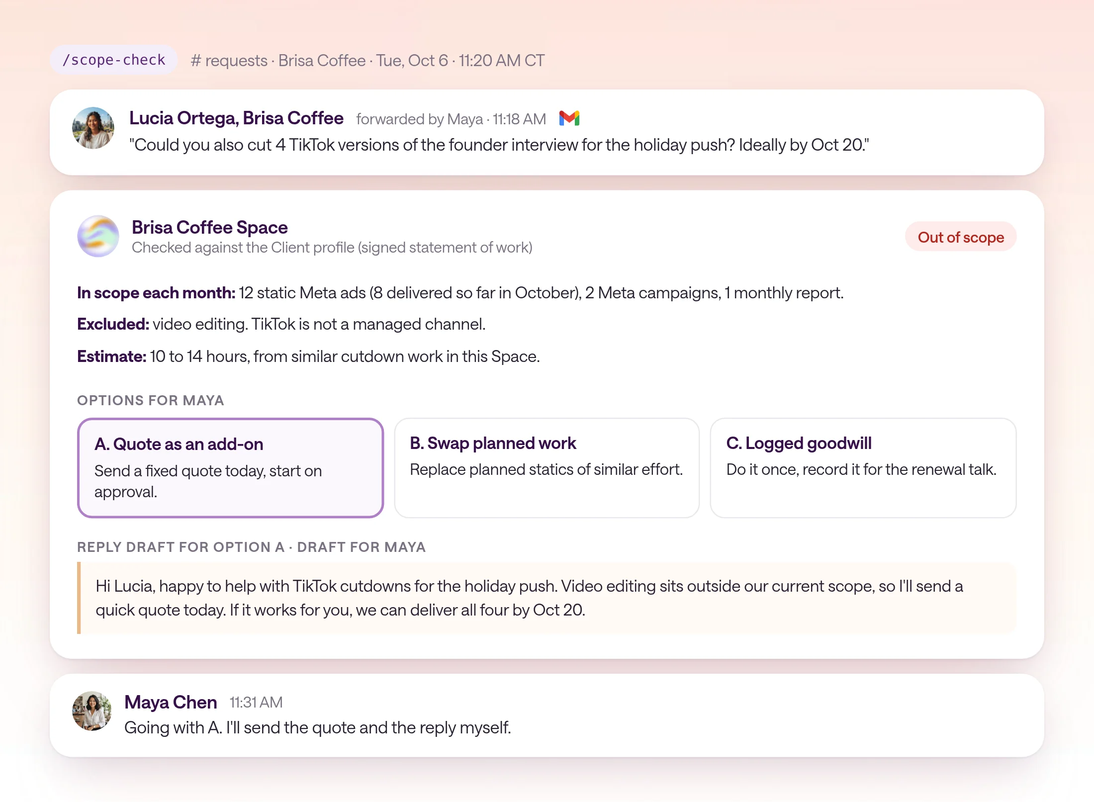 A scope check for the fictional Brisa Coffee in its requests channel on Tuesday, Oct 6. Lucia Ortega asked for four TikTok cutdowns of a founder interview by Oct 20. The check marks it out of scope: the statement of work covers 12 static Meta ads a month and excludes video editing, and TikTok is not a managed channel. It estimates 10 to 14 hours and offers three options: quote it as an add-on, swap it for planned statics, or do it once as logged goodwill. Maya chose to quote it, and a reply draft is ready.