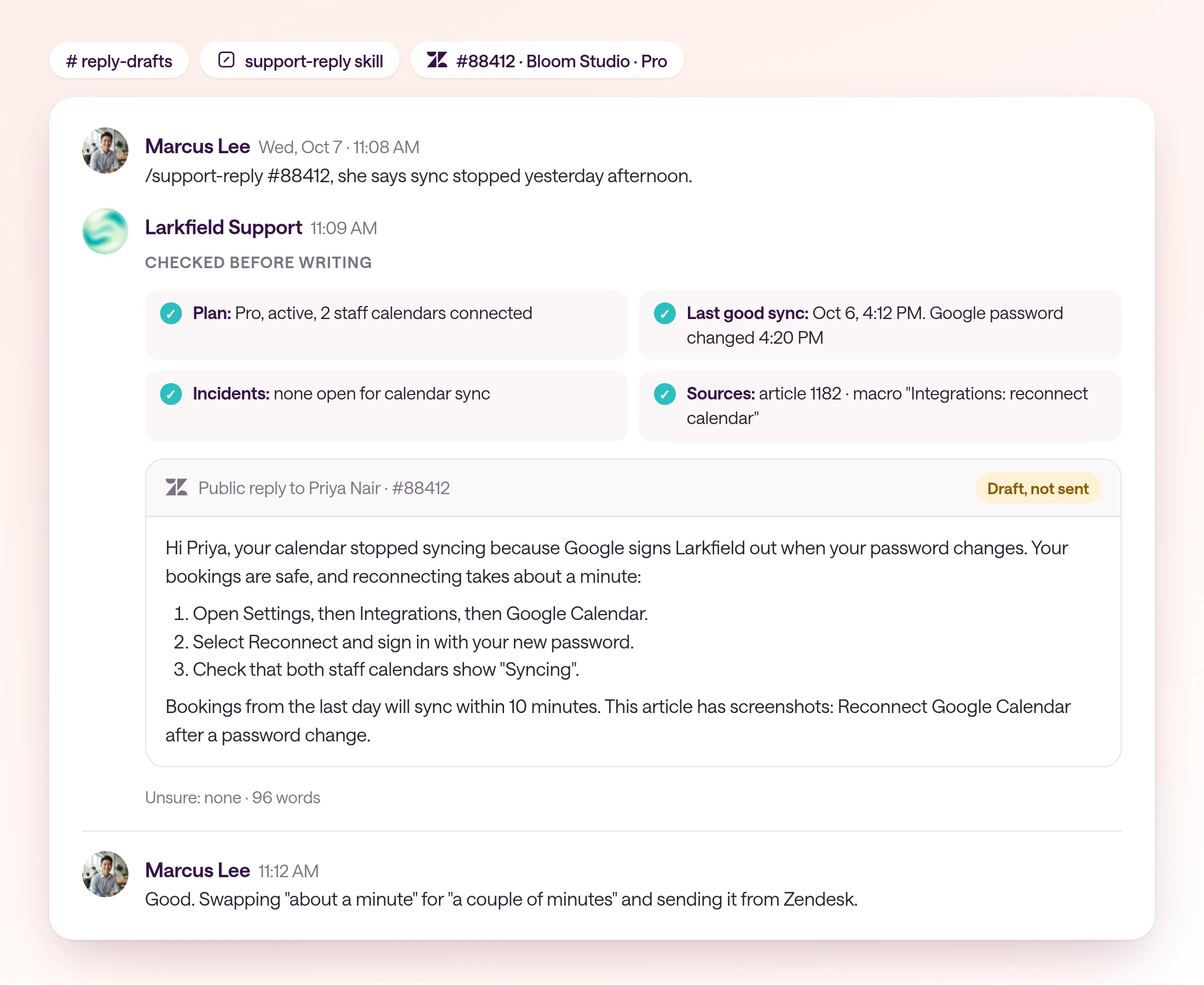 A draft reply in the reply-drafts channel for Zendesk ticket #88412 from Bloom Studio, a Pro plan salon whose Google Calendar sync stopped after a password change. The draft, labeled 'Draft, not sent', walks through reconnecting the calendar in three steps. Below it, sources list help center article 1182, the macro 'Integrations: reconnect calendar', the last successful sync on October 6 at 4:12 PM, and no open incident. Agent Marcus Lee replies that he is sending it from Zendesk with one edit.