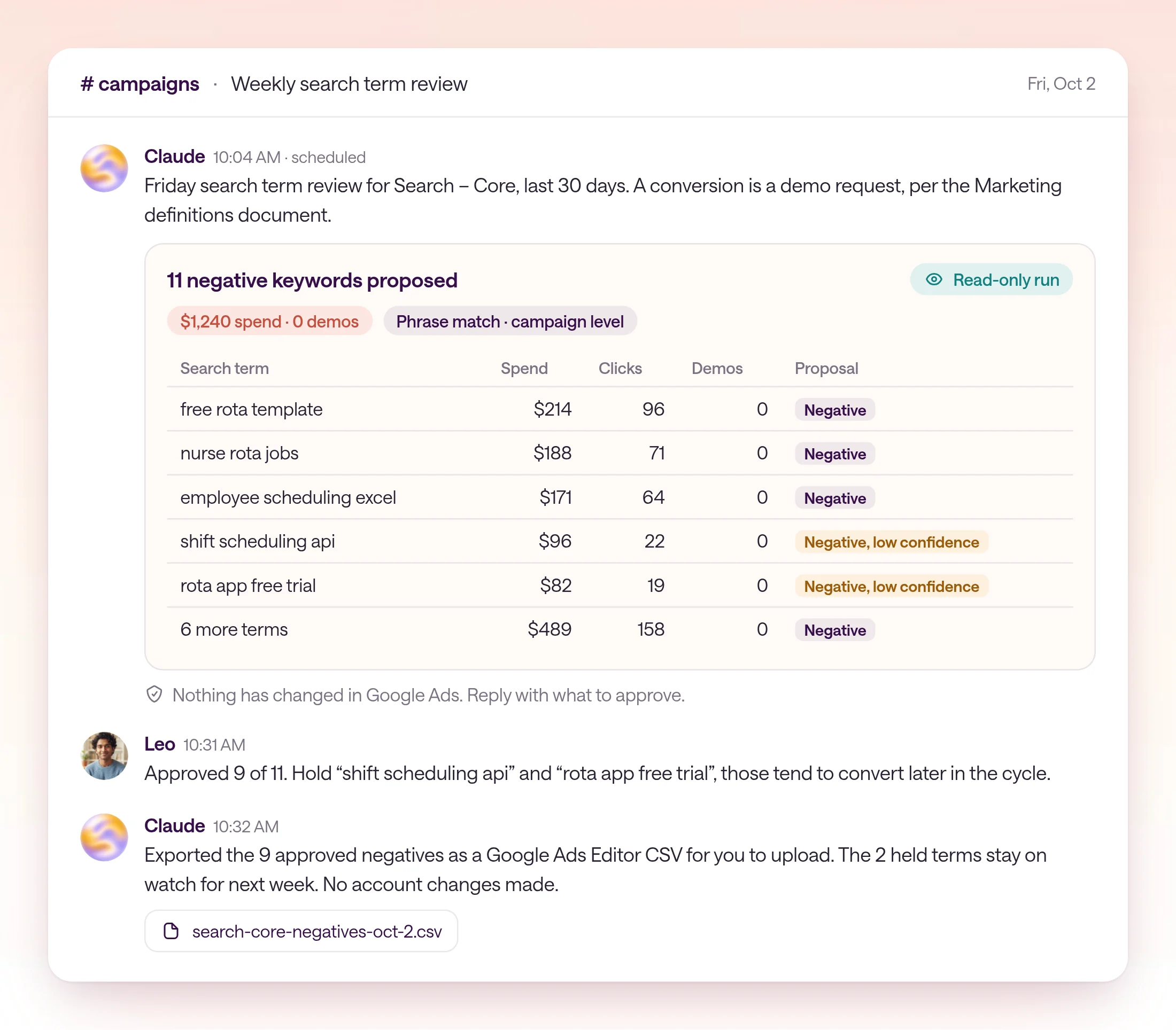 The weekly search term review in the campaigns channel on Friday, Oct 2. A read-only run proposes 11 negative keywords covering $1,240 of 30-day spend with zero demos, two marked low confidence. Leo approves 9 of 11 and holds two, and Claude exports the nine as a Google Ads Editor CSV for him to upload, with no account changes made.