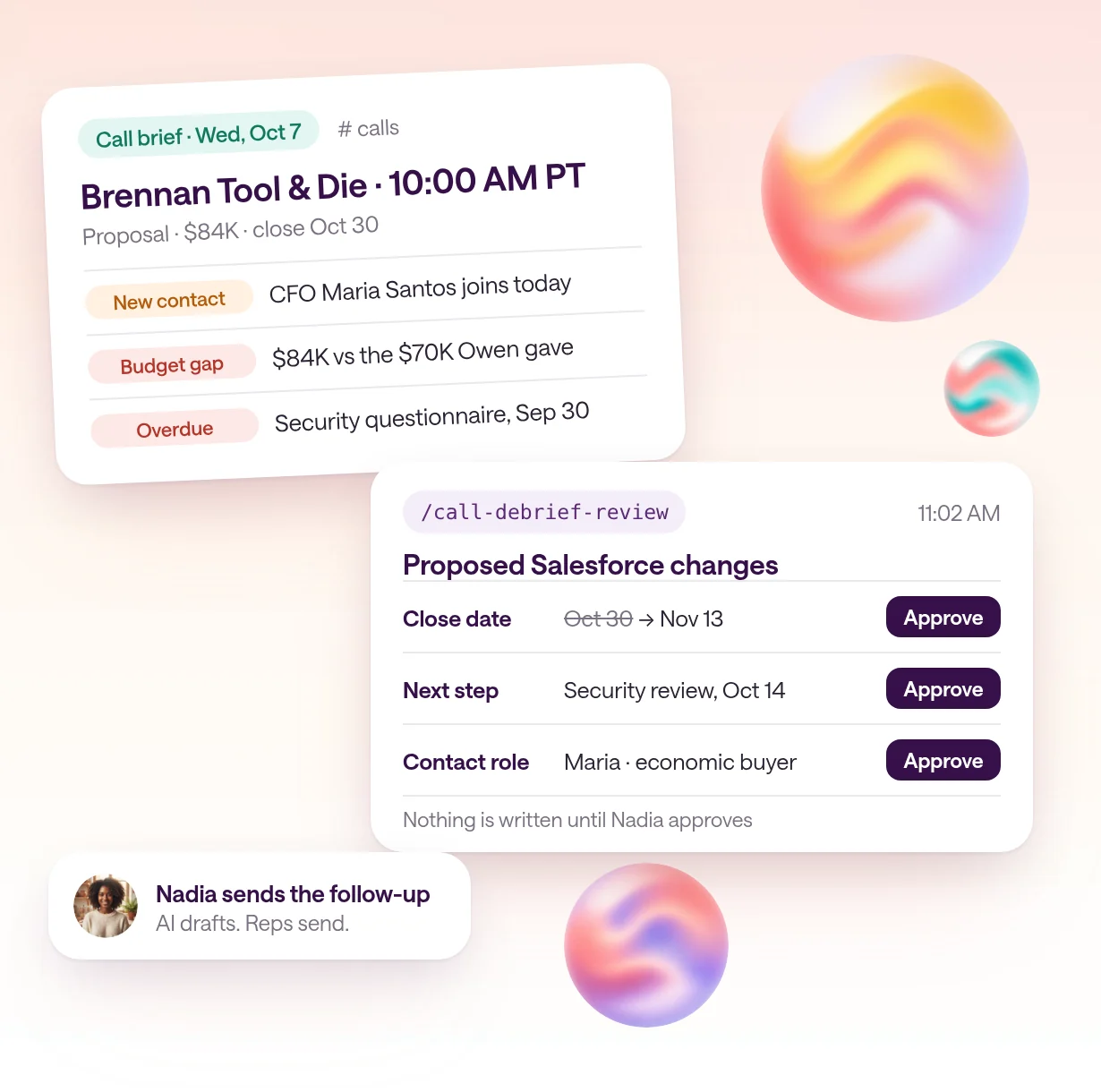 The AI for sales teams guide cover: a call brief for Brennan Tool & Die on Wednesday, Oct 7 at 10:00 AM PT with three flags, a debrief with CRM changes waiting for the rep's approval, and a note that the rep sends every follow-up.