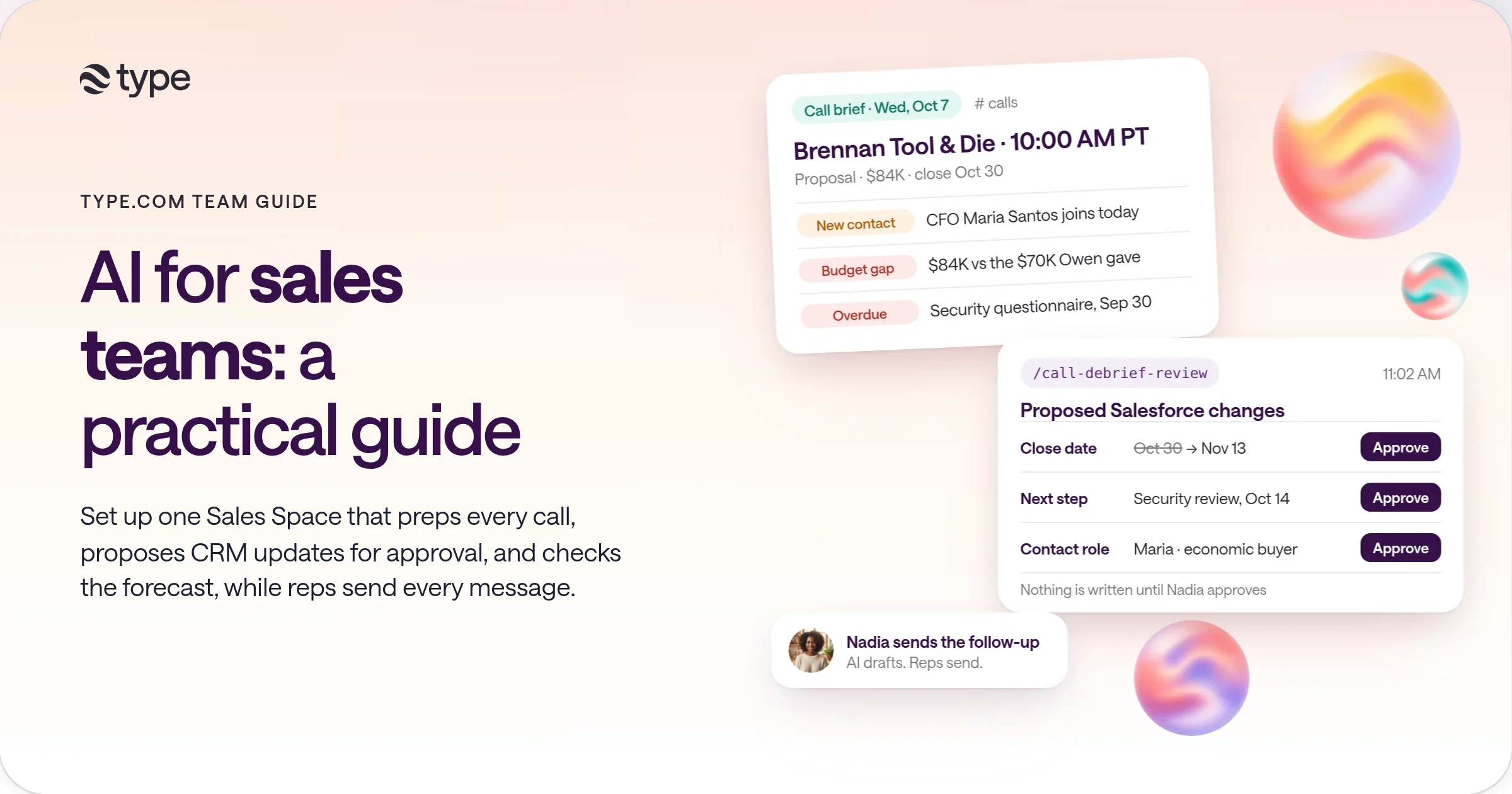 The AI for sales teams guide cover: a call brief for Brennan Tool & Die on Wednesday, Oct 7 at 10:00 AM PT with three flags, a debrief with CRM changes waiting for the rep's approval, and a note that the rep sends every follow-up.