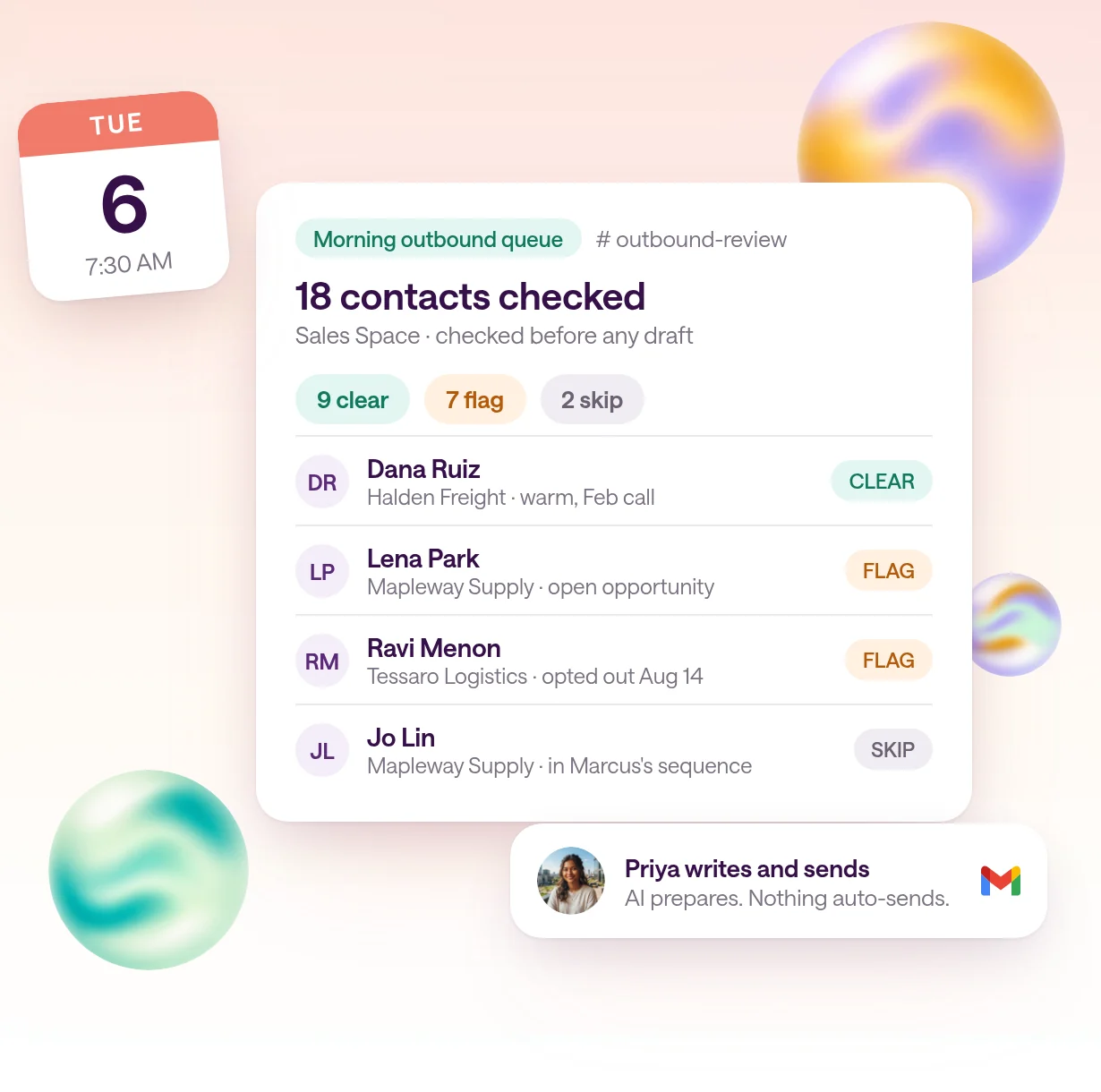The AI for SDRs guide cover: a morning outbound queue for Tuesday, Oct 6 at 7:30 AM with 18 contacts checked, 9 clear, 7 flagged, and 2 skipped, next to a note that the SDR writes and sends every email.