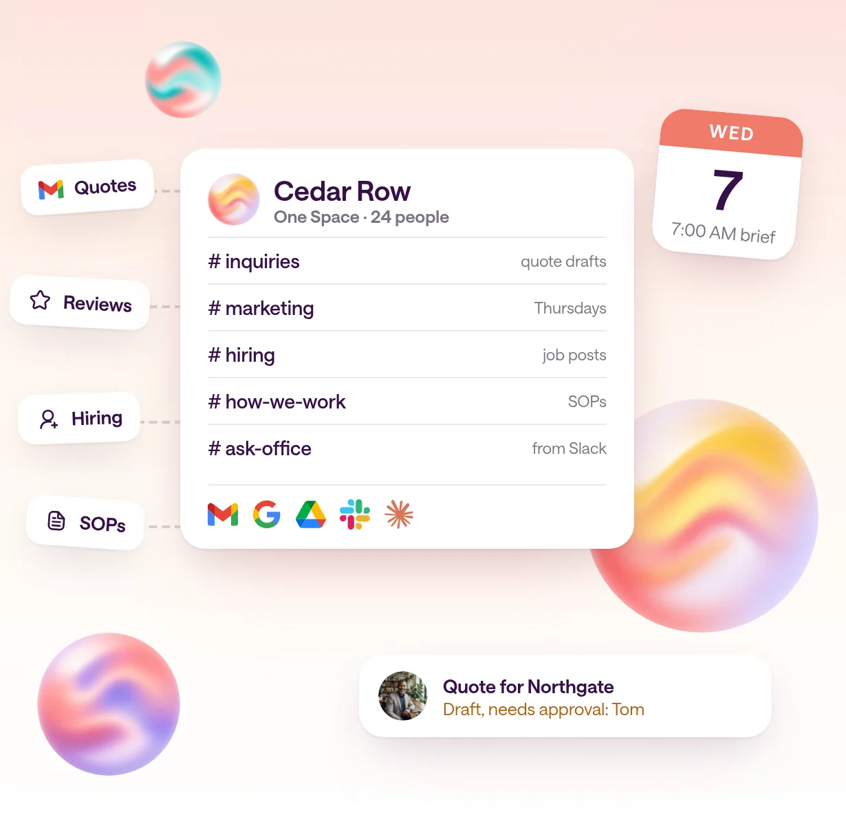 A type.com company Space for Cedar Row with channels for inquiries, marketing, hiring, how-we-work, and ask-office, with tiles for quotes, reviews, hiring, and SOPs feeding into it, a Wednesday 7:00 AM brief, and a quote draft waiting for Tom's approval.
