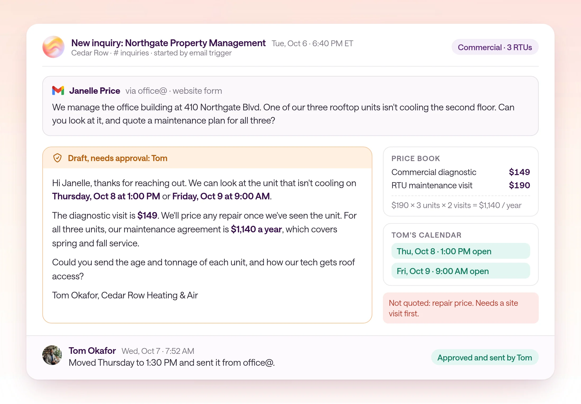 A quote request thread in the inquiries channel opened on Tuesday, October 6, 2026 at 6:40 PM. Janelle Price of Northgate Property Management asks about three rooftop units at 410 Northgate Blvd, one not cooling. The AI draft offers a site visit on Thursday, October 8 at 1:00 PM or Friday, October 9 at 9:00 AM, a $149 diagnostic fee for the unit that is not cooling, and a maintenance agreement at $1,140 a year for three units, from the Price Book. It asks for the units' ages and tonnage. A banner reads Draft, needs approval, with Tom Okafor as approver, and Tom replies that he moved the visit to 1:30 PM and sent it.