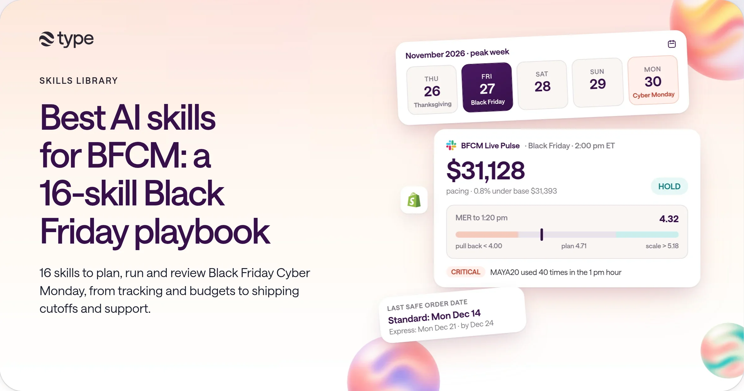 Best AI skills for BFCM: a November peak-week calendar with Black Friday highlighted, a BFCM Live Pulse status card showing $31,128 pacing and MER 4.32 on HOLD between the pull-back and scale lines, and a last safe order date tag for Monday, December 14.
