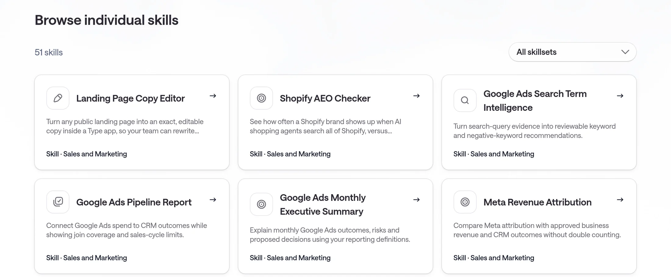 Screenshot of the type.com Skills Library showing 51 skills, with cards for Landing Page Copy Editor, Shopify AEO Checker, Google Ads Search Term Intelligence, Google Ads Pipeline Report, Google Ads Monthly Executive Summary, and Meta Revenue Attribution.