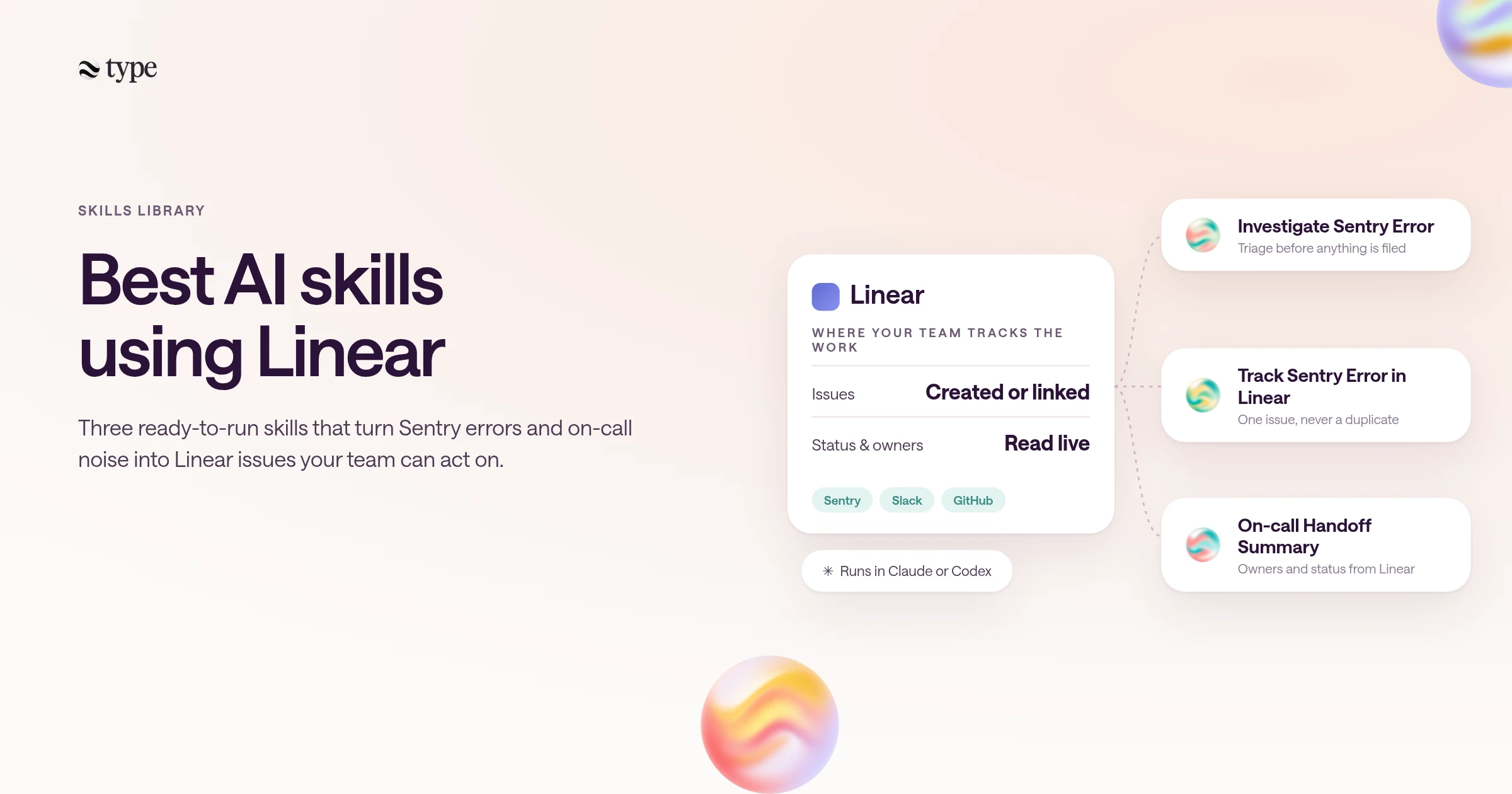 Best AI skills using Linear: a Linear card connected by dotted lines to three skill cards, Investigate Sentry Error, Track Sentry Error in Linear, and On-call Handoff Summary, on the warm type.com background.