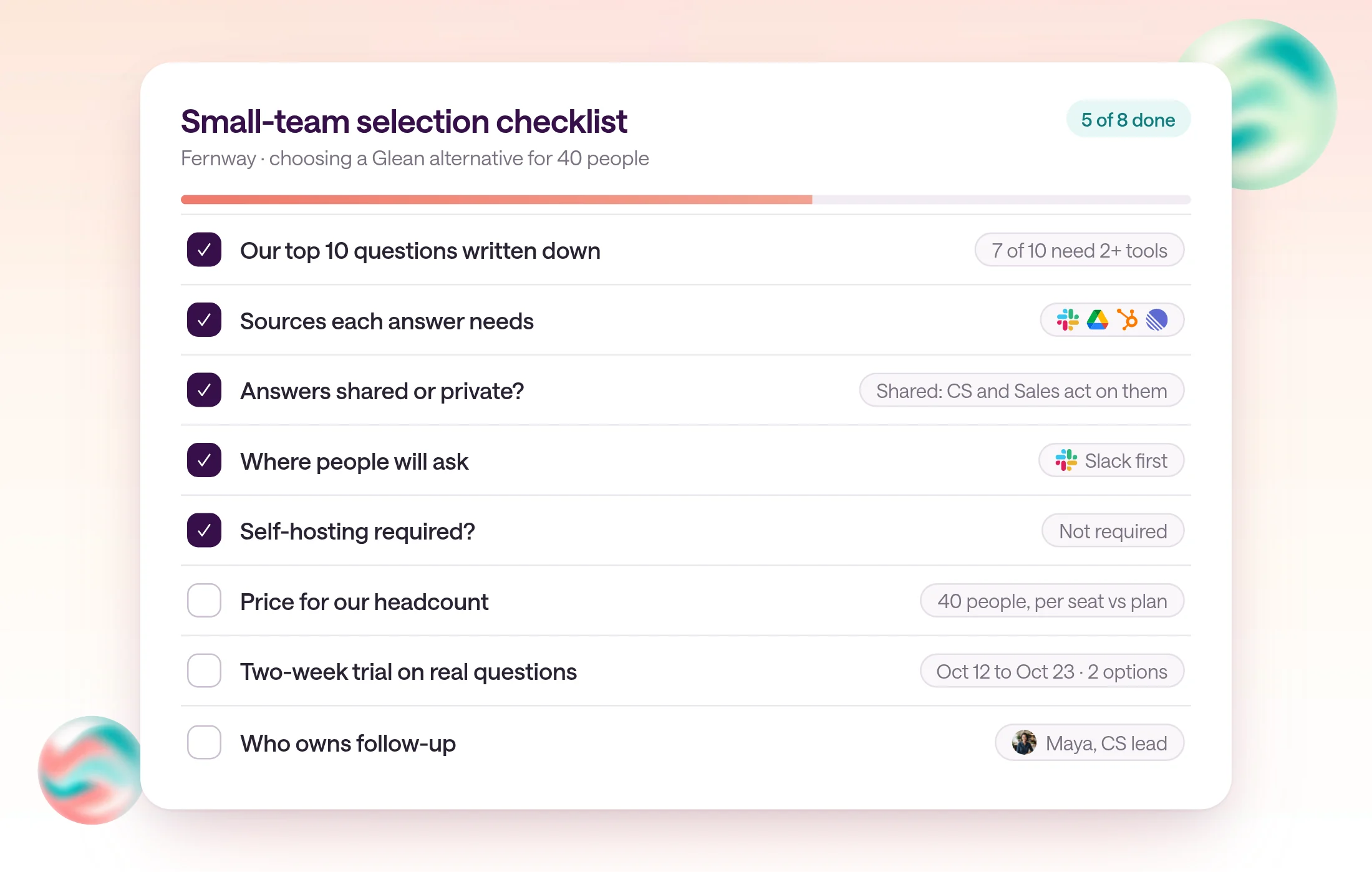 A checklist card titled small-team selection checklist with eight items, including our top 10 questions written down, sources each answer needs, whether answers must be shared or private, where people will ask, self-hosting needs, price for our headcount, a two-week trial on real questions, and who owns follow-up.