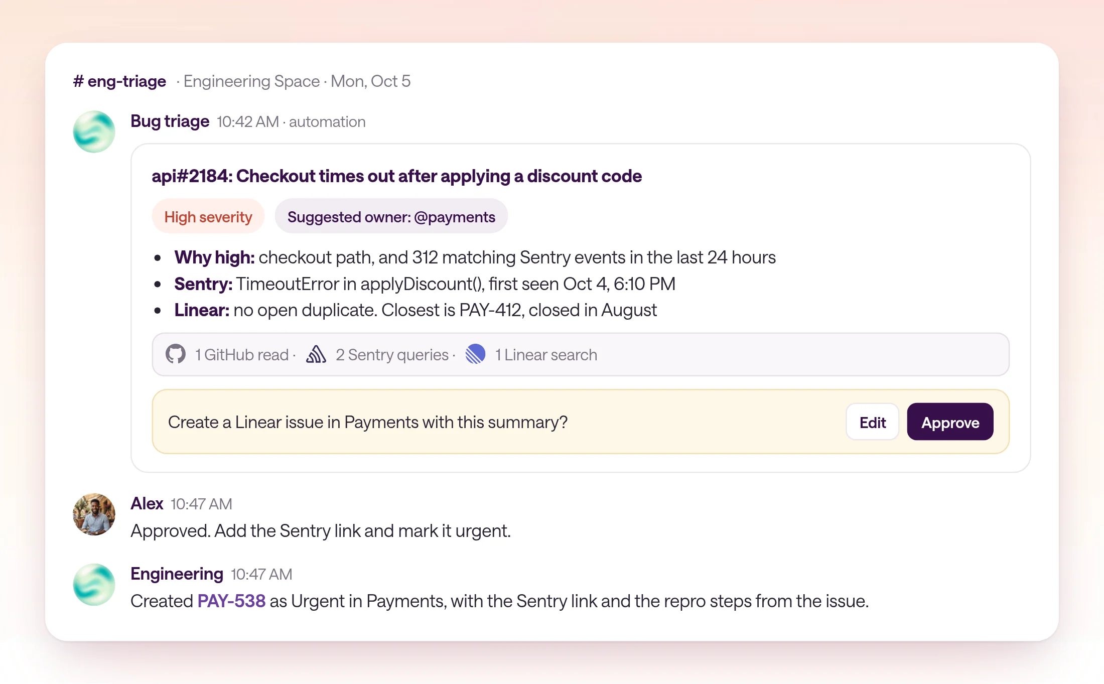 A thread in the eng-triage channel for a fictional GitHub issue about checkout timeouts, triaged as high severity with 312 matching Sentry events in 24 hours, no duplicate in Linear, and a suggested owner. Alex approves creating the Linear issue and the AI replies with the new issue link.