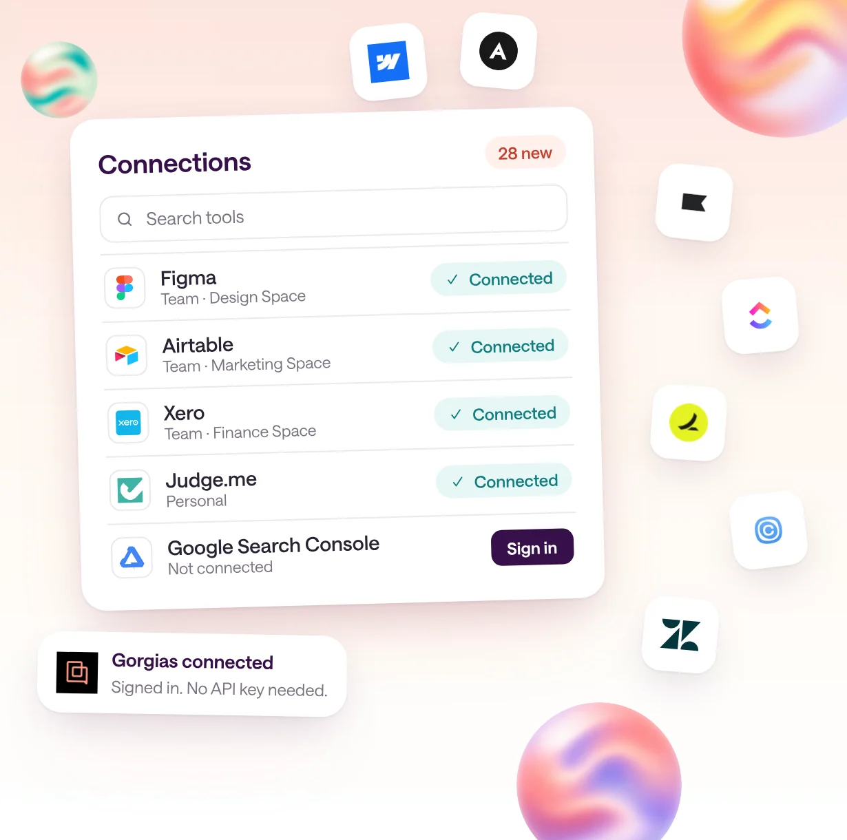 New native integrations in type.com: a Connections panel showing Figma, Airtable, Xero, and Judge.me connected, Google Search Console ready to sign in, a Gorgias connected toast, and logos for Klaviyo, ClickUp, Ramp, Calendly, Zendesk, Webflow, and Attio.
