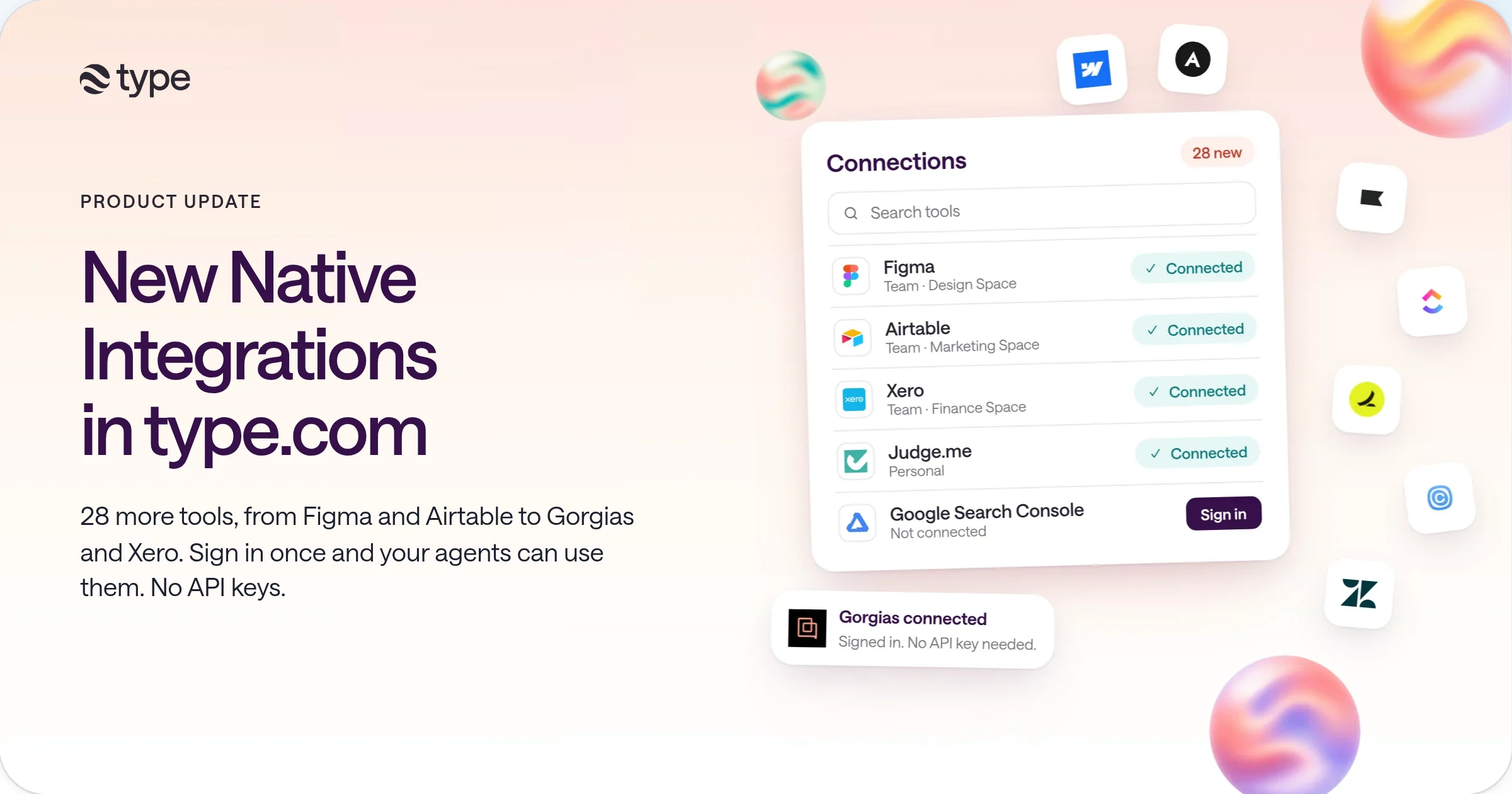 New native integrations in type.com: a Connections panel showing Figma, Airtable, Xero, and Judge.me connected, Google Search Console ready to sign in, a Gorgias connected toast, and logos for Klaviyo, ClickUp, Ramp, Calendly, Zendesk, Webflow, and Attio.