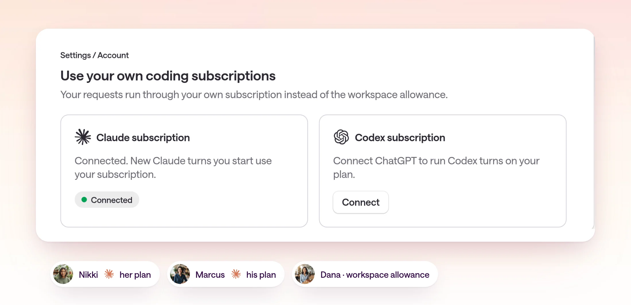type.com account settings showing Use your own coding subscriptions with Claude connected, above teammates each using their own Claude plan or the workspace allowance.