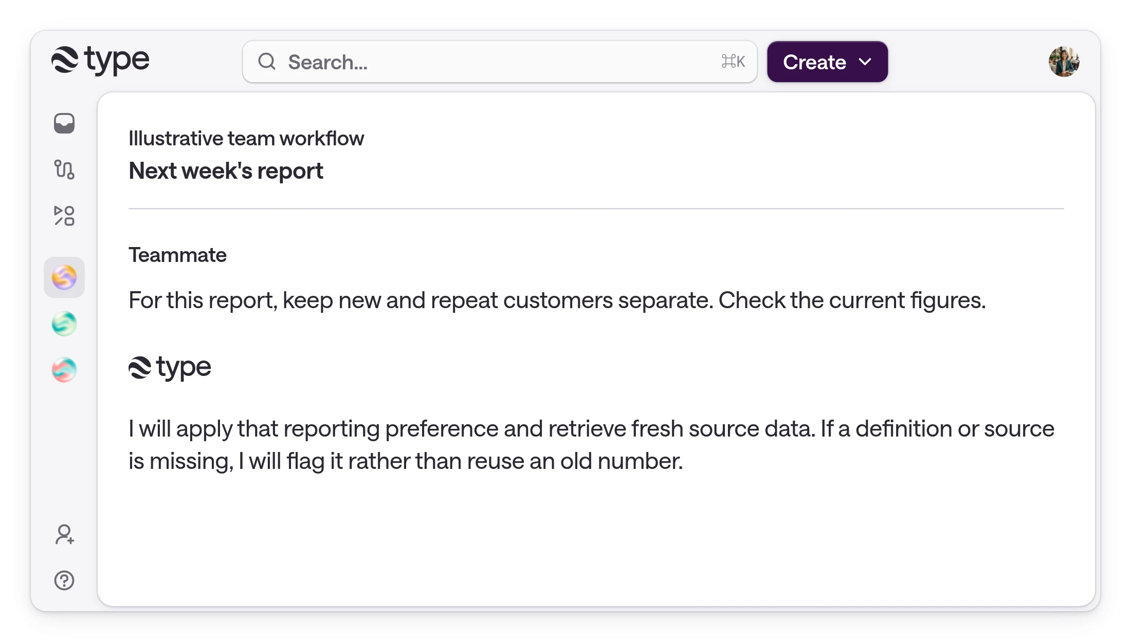 type.com product demonstration in which a teammate requests separate new and repeat customer reporting and the agent says it will verify fresh data.