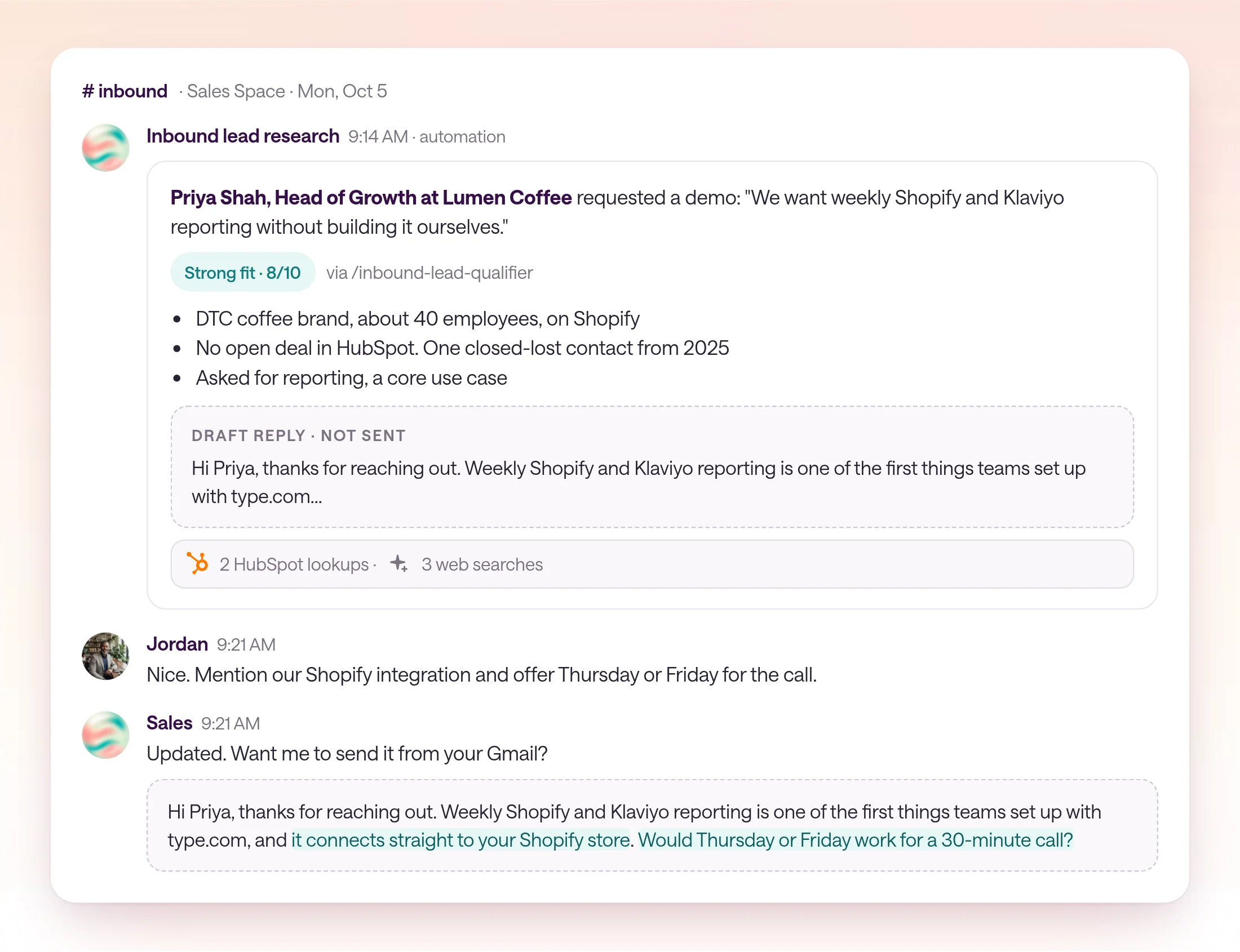 A thread in the inbound channel showing a demo request from Priya Shah at Lumen Coffee, a fictional company, scored as a strong fit with three reasons, a drafted reply, and the account owner Jordan asking the AI to mention their Shopify integration, followed by the updated draft.